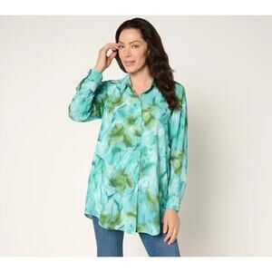 Susan Graver Printed Textured Woven Button Front Blouse 2X Floral Teal Citron